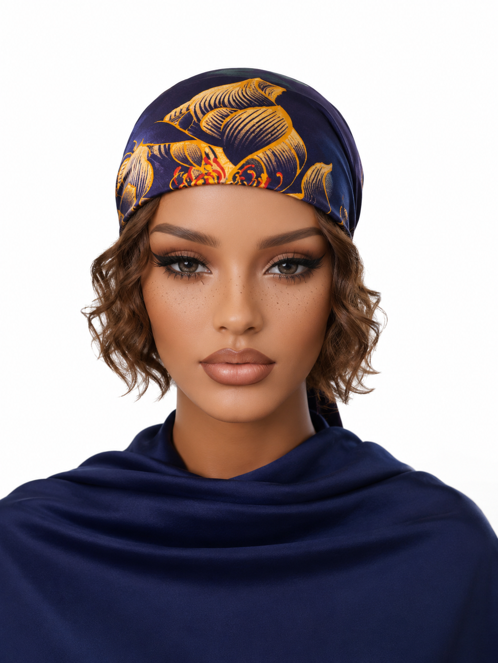 woman wearing blue floral non slip headscarf styled as a wrap
