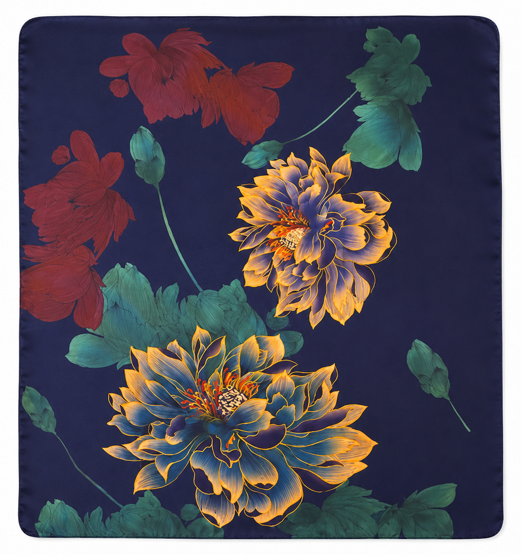 blue floral non slip headscarf front view in serene blue with petal details