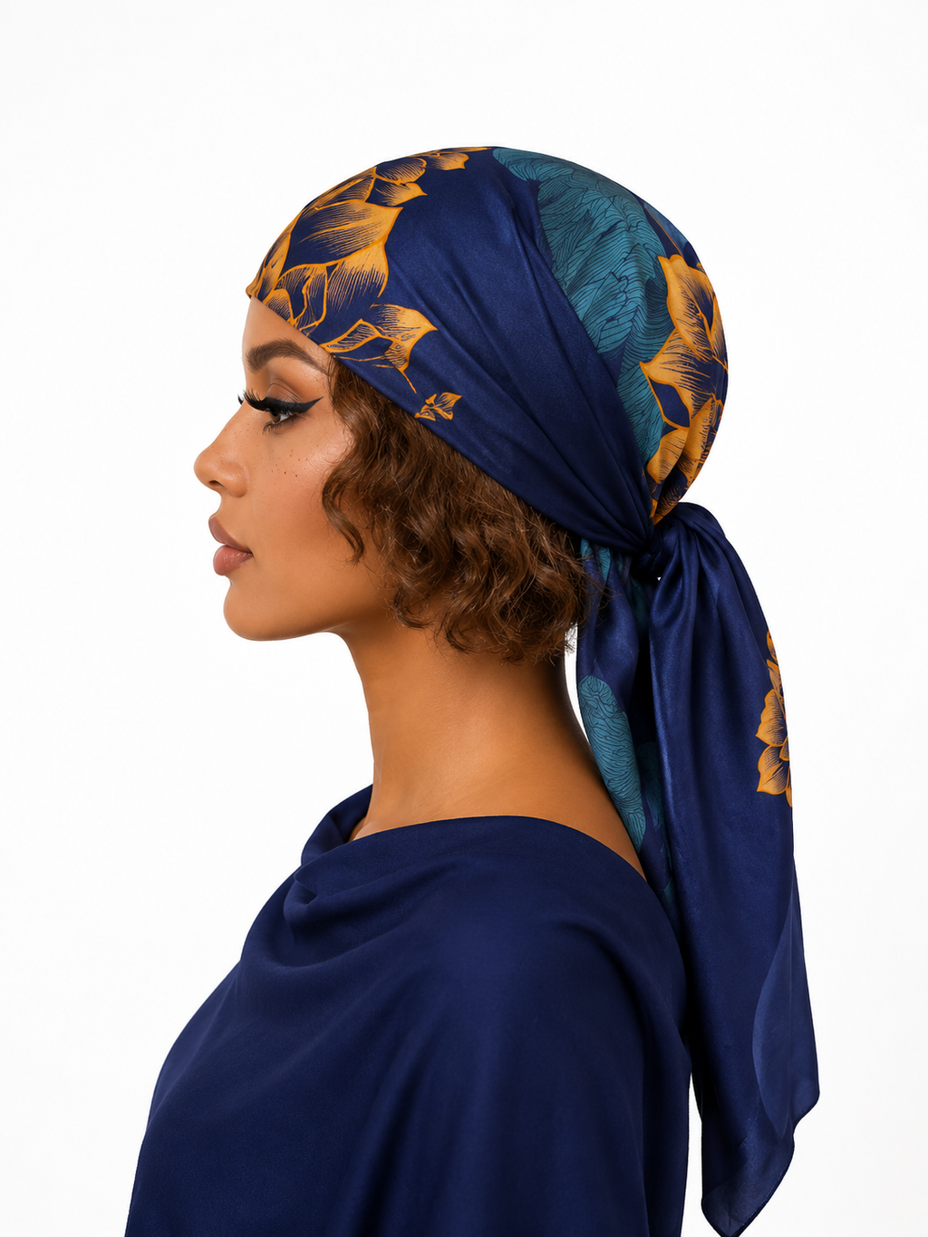 built-in grip lining on blue floral non slip headscarf