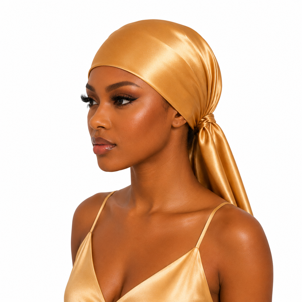 woman wearing gold non slip headscarf styled as a wrap
