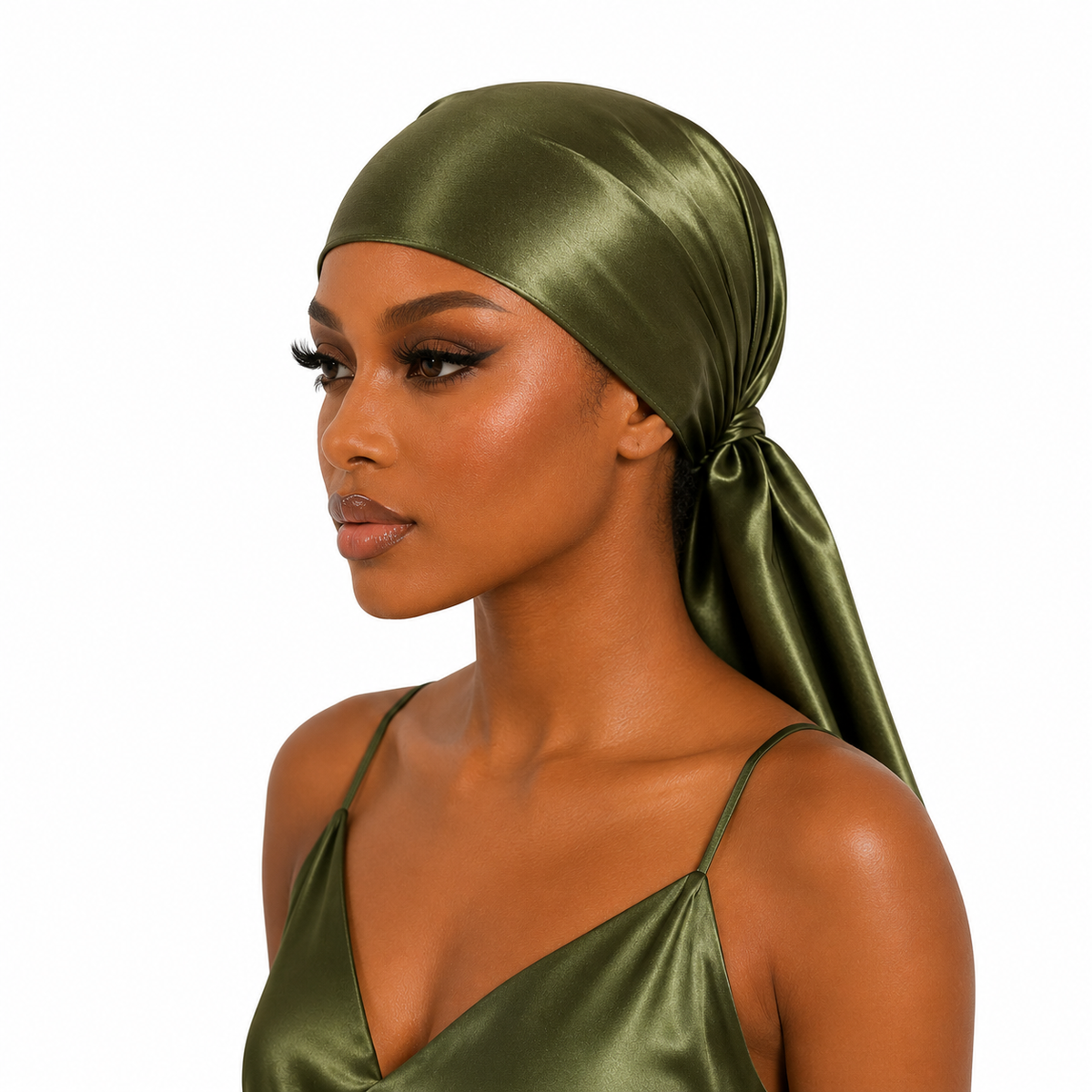 woman wearing green non slip headscarf styled as a wrap