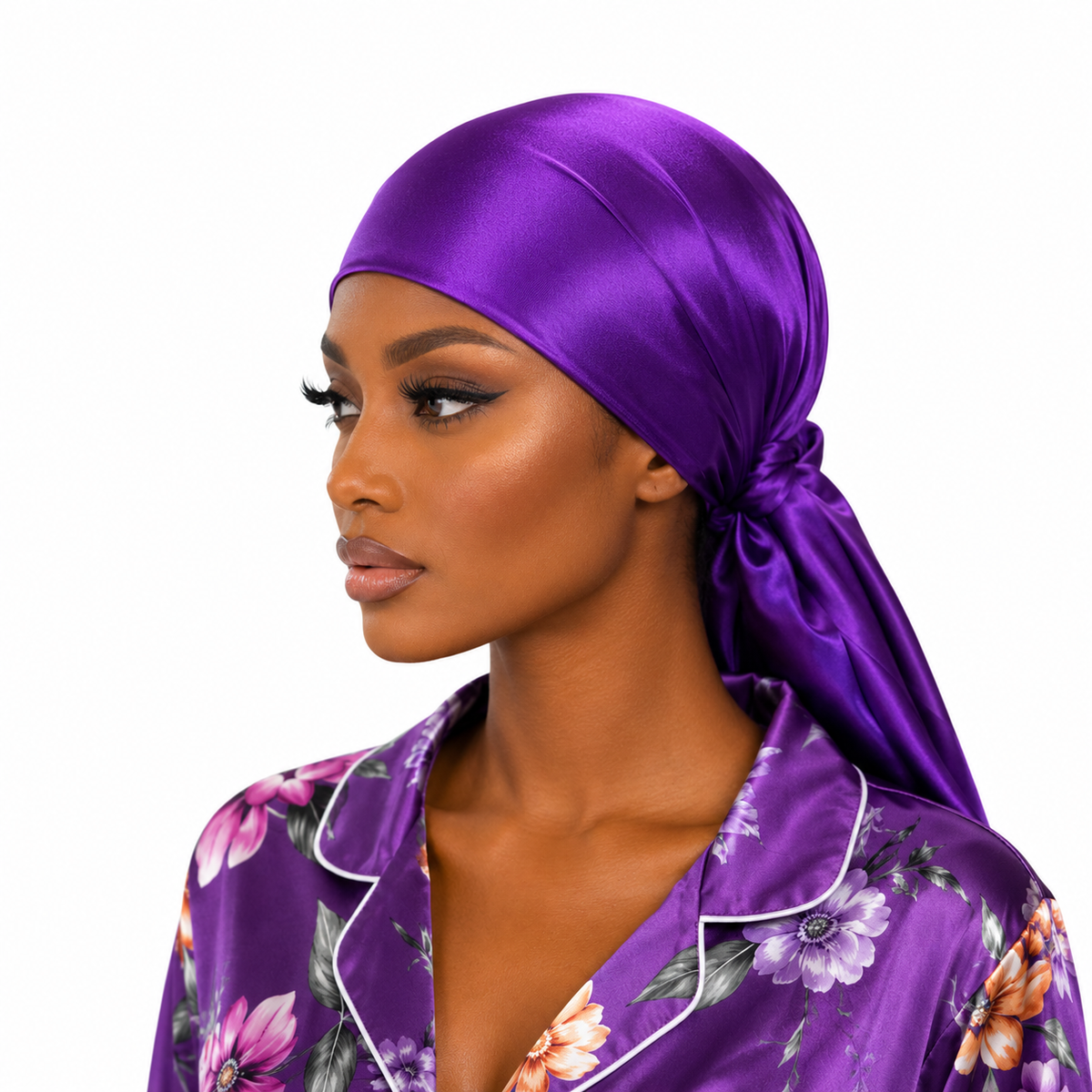 woman wearing purple non slip headscarf styled as a crown wrap