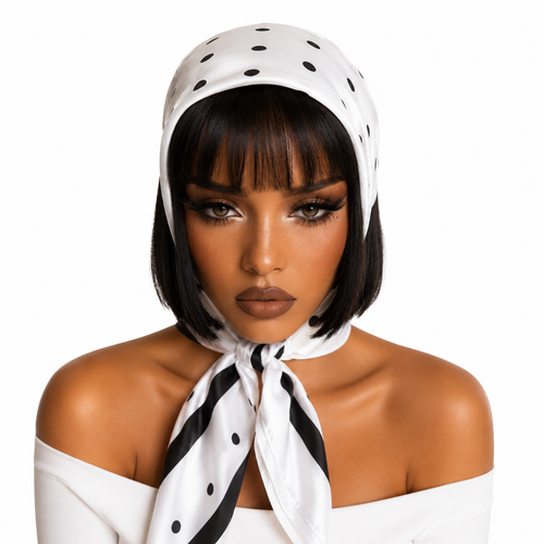 built-in grip lining on black and white polka dot headscarf non slip