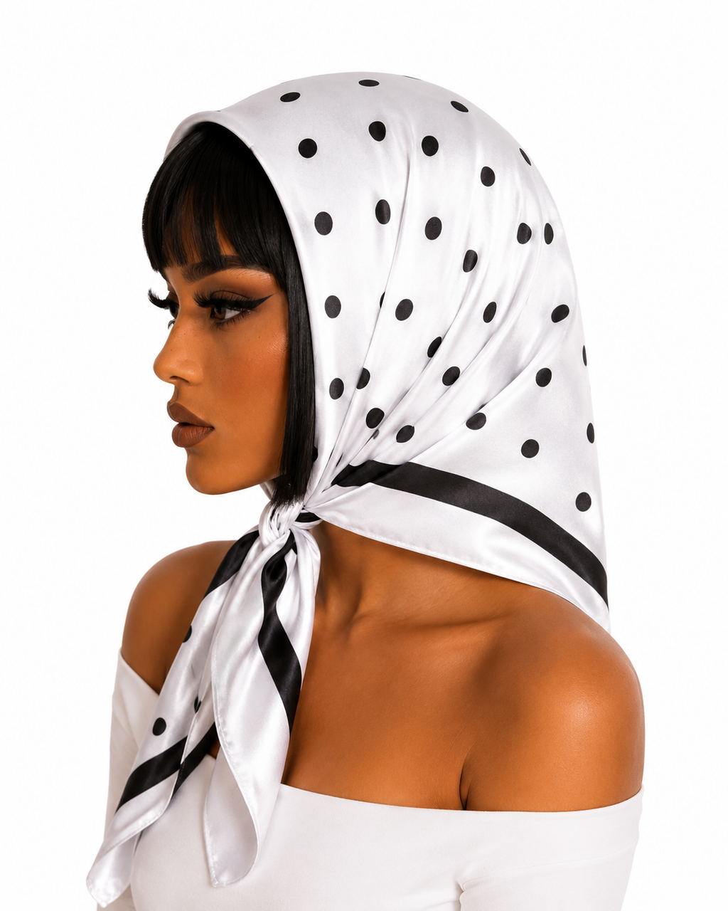 woman wearing black and white polka dot headscarf non slip